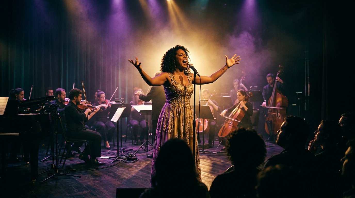 Fotografia cinematográfica de um show ao vivo.